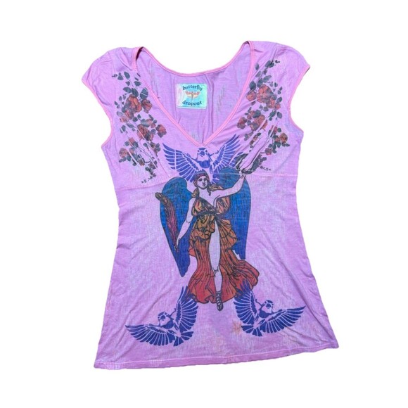 Y2K Butterfly Dropout Foxy People Babydoll Top – Med Pink Tattoo Graphic V-Neck - Picture 2 of 11